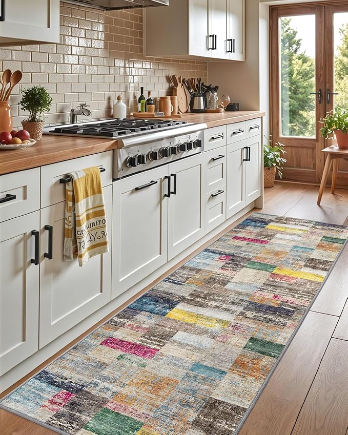 LUMI Washable Runner Rug, 3'x10' Non-Slip Hallway Mat, Low Profile Thin Long Carpeet for Laundry Kitchen Bedroom Office, Multicolor