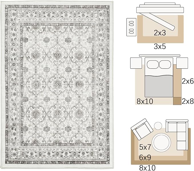 jinchan Floral 5x7 Area Rugs for Bedroom - Machine Washable Vintage Distressed Boho Design Throw Rug Stain Resistant Carpet Low-Pile Thin Non-Slip for Nursery Living Room Dining Room (5‘x7', Beige)