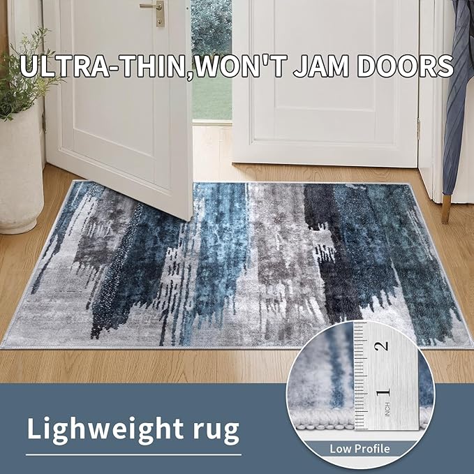 Ciicool 8ft Round Washable Rug, Modern Abstract Circle Rugs, Non-Slip Thin Lightweight Rug Navy Grey Circular Print Distressed Carpet for Bedroom Living Room Under Dining Table Home Office Decor