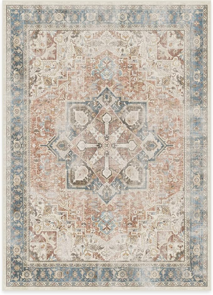 RUGGABLE Washable Vintage Area Rug – Kamran Coral 5x7, Stain-Resistant, Non-Slip – Medium Machine Washable Rugs for Living Room, Bedroom, Hallway, Entryway & Office–with Cushioned Pad