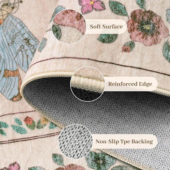 5x8 Non-Slip Insect Print Rug - Indoor Low Pile Machine Washable Bug Rug for Entryway, Front Door, Nursery, Bedroom, Kitchen, Laundry (5'x8' Beige Green)