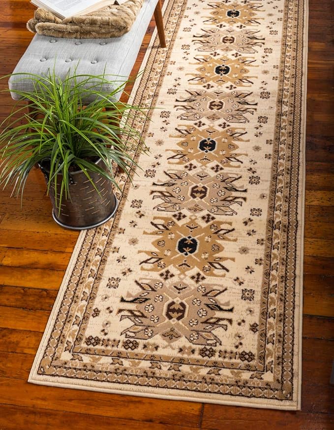 Unique Loom Taftan Collection Border Geometric Tribal Inspired Design Area Rug (3' 0 x 16' 5 Runner, Ivory/ Tan)