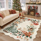Lahome Floral Christmas Rugs for Living Room, 5x7 Christmas Area Rug for Bedroom Large Washable Carpet, Soft Stain Resistance Xmas Tree Carpets for Under Table Dining Room, Beige/Multi