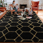 ONASAR 5x7 Area Rugs for Living Room Bedroom, Washable Fluffy Black and Gold Faux Fur Rug, Geometric Boho Soft Plush Shaggy Floor Carpet Mat for Nursery Kids Girls Boys Teen Dorm Home Office Decor