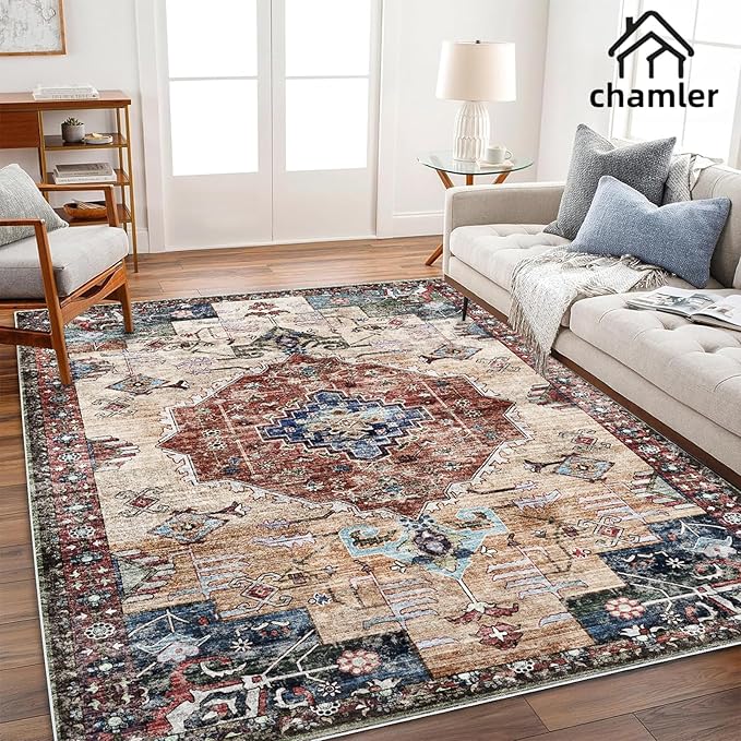 Area Rug 8x10 Washable Vintage Rug Traditional Mat Distressed Indoor Foldable Thin Retro Accent Floral Large Rugs Non Slip Carpet for Living Room Dining Room Office