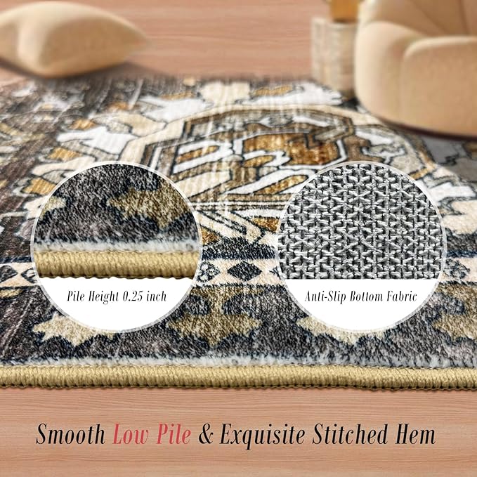 RUGSURE Washable Area Rugs - Perfect for Living Room, Bedroom, Kids Room, Nursery - Stain & Water Resistant Non-Slip, Pet & Child Friendly, Vintage Tribal Area Rugs (Ivory, 9' x 12')