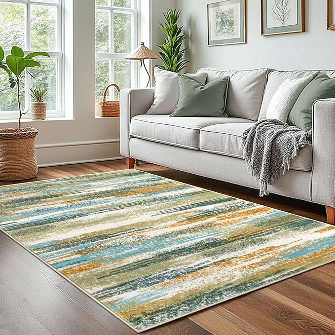 Modern Abstract 4x6 Living Room Washable Rug Non-Slip Soft Bedroom Area Rug Green Mustard Multi Thin Print Faux Wool Floor Carpet Throw Rugs for Nursery Playroom Dining Room Indoor Office
