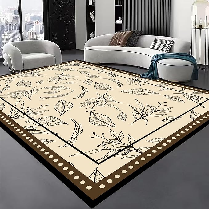 Medieval French Style Area Rugs 4x5ft, Off-White Botanical Leaf Pattern Rug, Low Pile Carpet, Washable & Non-Slip for Living Room, Bedroom, Dining Room, Dorm