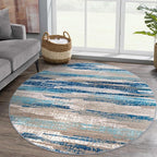 Modern Abstract Round Rug 5Ft, Blue Round Rug Washable Non-Slip Soft Small Circle Rug, Circular Dining Room Rugs Thin Print Faux Wool Carpet for Bedroom Living Room Office Playroom