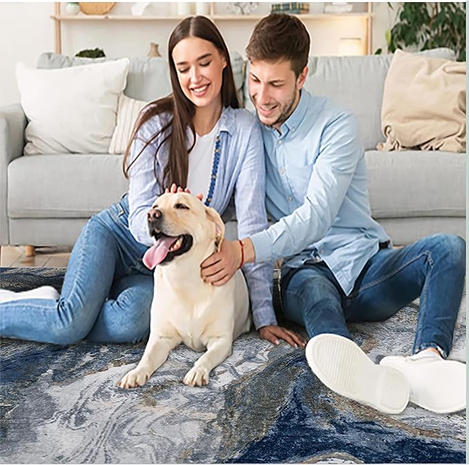Modern Washable Rug for Living Room: Abstract 9x12 Area Rugs for Bedroom Low Pile Non Slip - Stain Resistant Carpet for Dining Room Indoor - Blue Gold
