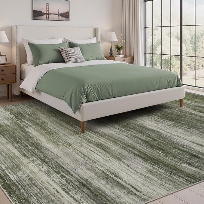 PADOOR Modern Abstract Area Rug - 8x10 Washable Rugs Non-Slip, Large Rug Ultra Soft Low Pile Rugs for Living Room Bedroom Dining Room Nursery Room Playroom Green