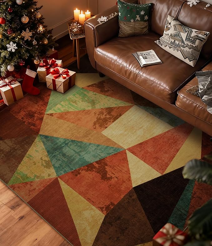 YIHOUSE Brown Area Rug 5x7,Geometric Burnt Orange Area Rug Non Slip,Farmhouse Rugs Washable,Vintage Burgundy Carpets for Bedroom, Boho Rug for Kitchen,Dining Room