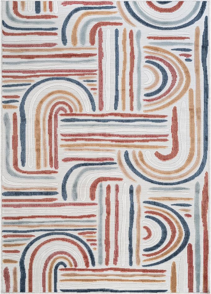 CAMILSON Indoor Outdoor Rug, Multicolor 10x14 Geometric Arch Striped Large Area Rugs for Patio and Home Areas, Easy-Cleaning Non-Shedding Living Room, Garden and Deck Washable Outside Carpet 10 x 14