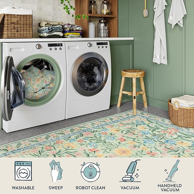 Lahome Boho Light Green Large Area Rugs for Bedroom 9x12, Floral Washable Rugs Living Room, Soft Non-Slip Thin Rug for Nursery Kids Playroom Tween Girls Home, Tea Green