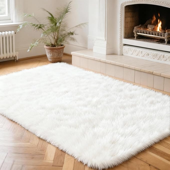 2x3 Solid Fluffy White Area Rug – Washable, Durable, Small Bedroom Rug, Non-Slip High Pile Shag Rugs for Living Room, Bedroom, Bedside, Dorms,Grils Rooms, Kids Room, Soft Indoor Floor Carpet