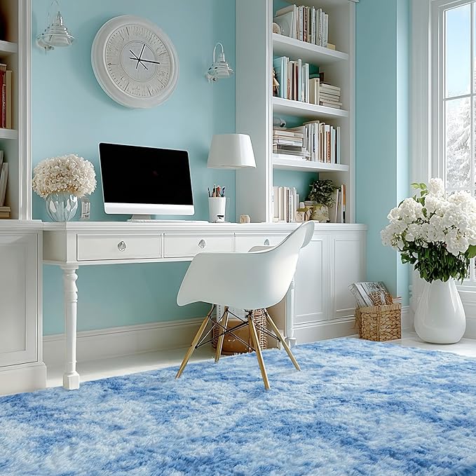 Andency 8x10 Area Rugs for Living Room, Non-Slip Fluffy Soft Large Shag Bedroom Carpet, Tie-Dyed Blue Big Indoor Thick Nursery Rug for Kids Dorm Home Decor Aesthetic