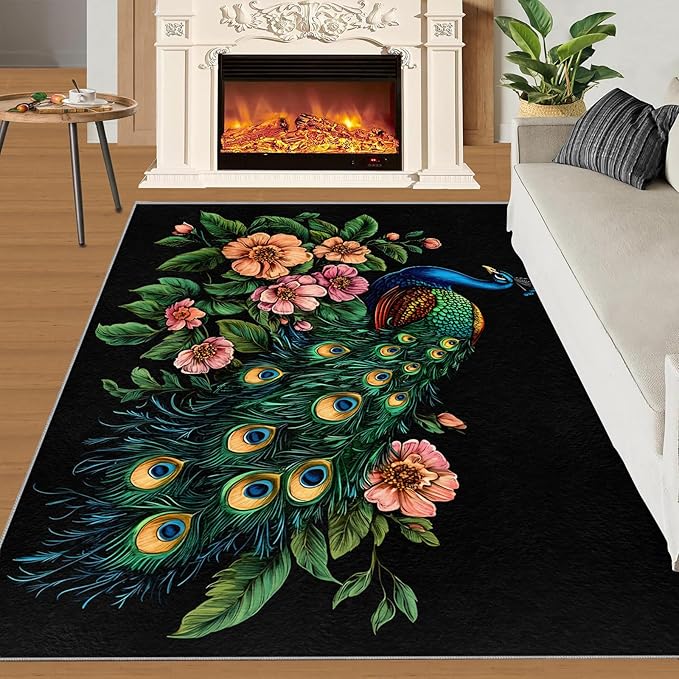 Peacock Peony Rugs for Bedroom - 4x5 Rug, Classic Peacock Peony Area Rugs for Living Room, Teal Turquoise Carpet, Floral Plant Washable Area Mat, Aesthetics Carpet - Peafowl Home Decor & Gifts