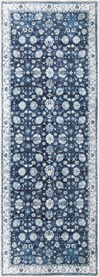 Bloom Rugs Washable Non-Slip 10 ft Runner - Dark Blue Traditional Bordered Runner for Entryway, Hallway, Bathroom, and Kitchen - Exact Size: 2.5' x 10'