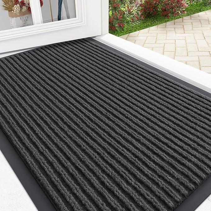 OLANLY Front Door Mat Indoor Outdoor Entrance, Waterproof Heavy Duty Doormat, Fade Resistant, Low Profile, Easy Clean Patio Porch Welcome Floor Mats for Entry, 29.5x17, Charcoal Grey