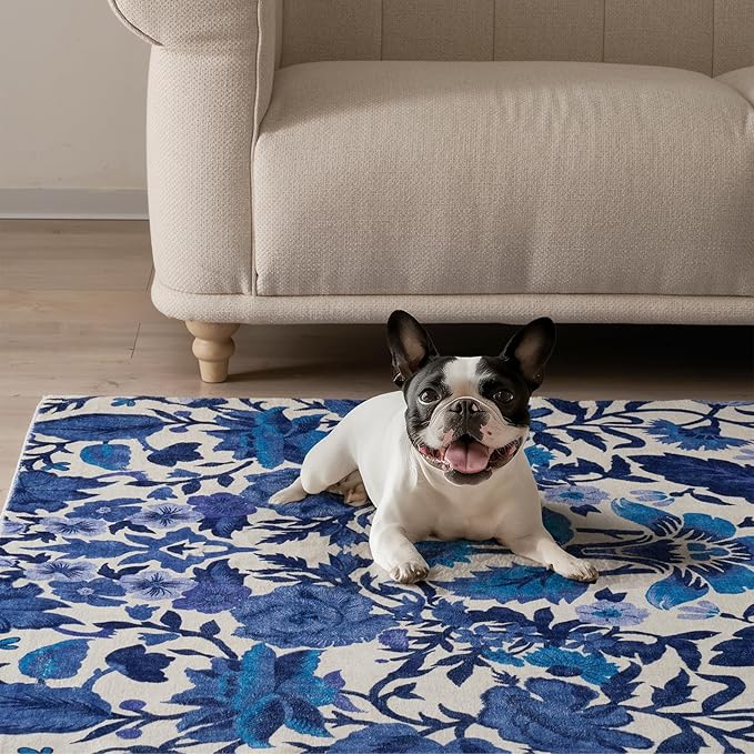 EVERGRACE Hallyway Area Runner Rugs 2x10, Boho Floral Faux Wool Indoor Outdoor Rugs, Washable Rugs for Bedroom Dining Room Living Room Kitchen, Low Pile Floor Mat Carpet for Home Decor, Celtic Blue