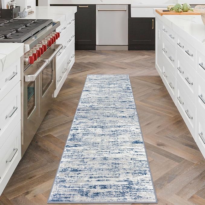 Modern Abstract Runner Rug 2x6, Blue White Washable Kitchen Runner Non-Slip Soft Hallway Rug Runner Thin Print Faux Wool Carpet for Entryway Bedroom Laundry Room Indoor Home Decor