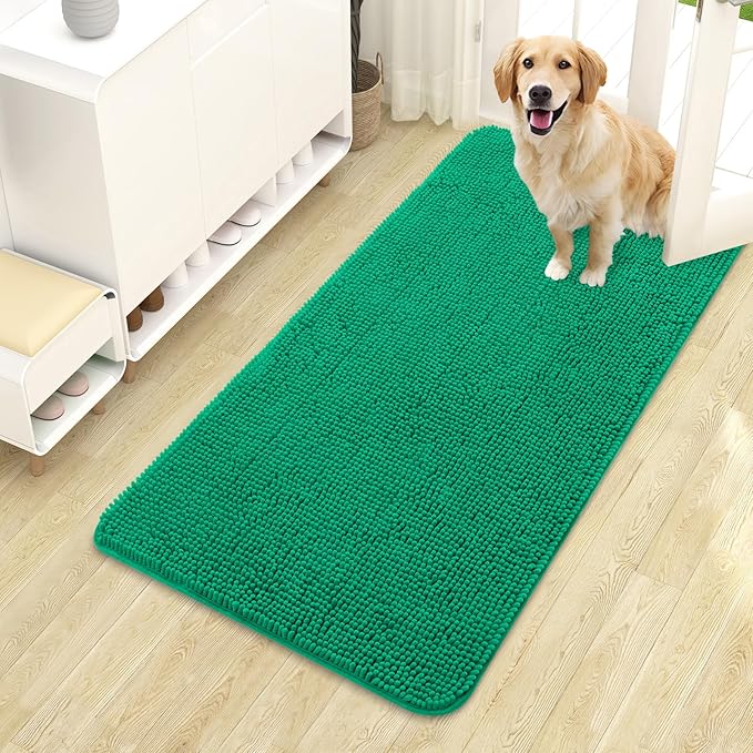 OLANLY Dog Door Mat for Muddy Paws 44x24, Absorbs Moisture and Dirt, Absorbent Non-Slip Washable Doormat, Quick Dry Chenille Mud Mat, Entry Indoor Entryway Carpet for Inside Floor, Emerald Green