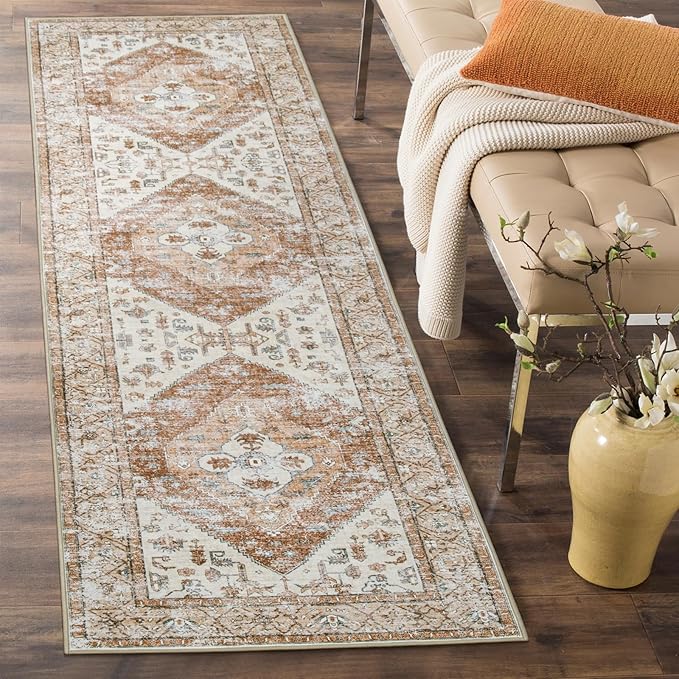 Lahome Boho Washable Rug Runner - 2x7 Non-Slip Runners Rugs for Hallways Non-Shedding Lightweight Runners for Kitchen, Oriental Distressed Print Indoor Carpet Runner for Entrance Bathroom Laundry Room