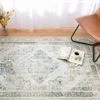Phantoscope Washable Area Rug 5'x7' Non-Slip, Vintage Neutral Rugs for Living Room, Bedroom, Dining Room, Distressed Boho Medallion Pattern, Low-Pile Foldable Floor Carpet, Silver Grey/Taupe