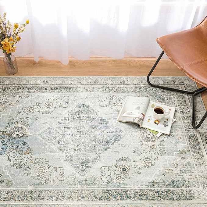 Phantoscope Washable Area Rug 6'x9' Non-Slip, Vintage Neutral Rugs for Living Room, Bedroom, Dining Room, Distressed Boho Medallion Pattern, Low-Pile Foldable Floor Carpet, Silver Grey/Taupe