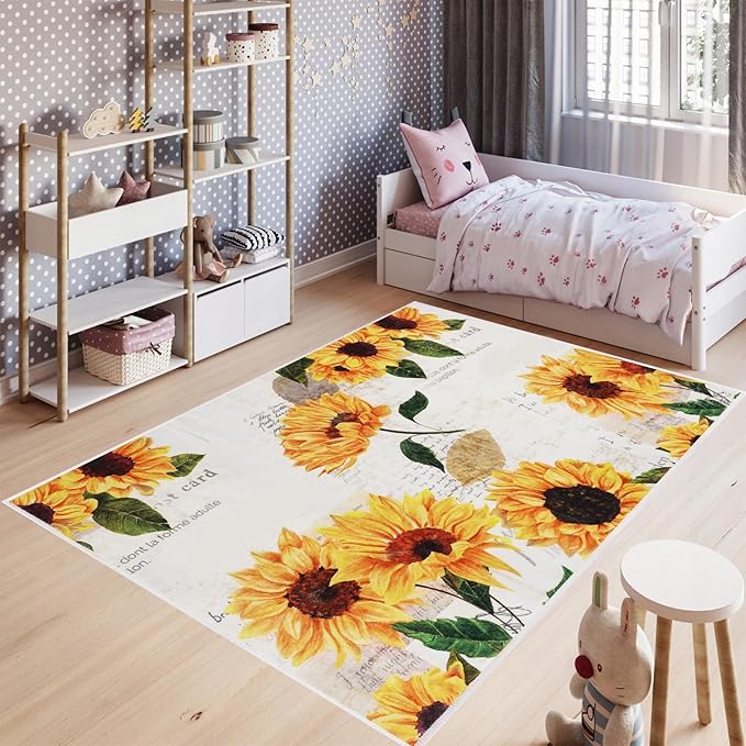 Sunflower Area Rug, 3' x 5' Non-Slip Washable Bedroom Rug, Small Indoor Vintage Oil Painting Artwork Rugs for Living Room Dining Table Entryway Bathroom Living Room Office Carpet