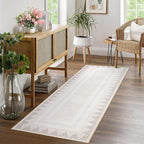 Bordered Washable Non Slip Runner Rug 2x6 for Hallway Kitchen Modern Fodable Stain Resistant Soft Bedroom Living Room Rugs Geometric Non-Shedding Low Pile Long Carpet, Beige