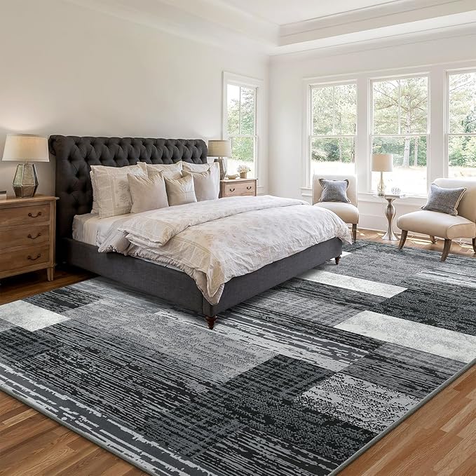 Large Area Rugs,Modern Geometric Patchwork Floor Decor for Bedroom Aesthetic Carpet, Rockwood Collection, Indoor Rugs for Living Room, Dining Room, Nursery, Office, Machine Washable Rug,5x8 Ft Grey