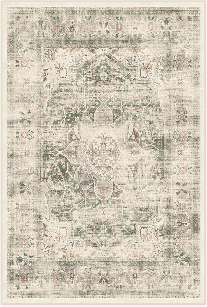RUGGABLE Washable Vintage Area Rug – Sarrah Sage 4x6, Stain-Resistant, Non-Slip – Medium Machine Washable Rugs for Living Room, Bedroom, Hallway, Entryway & Office–with Standard Pad