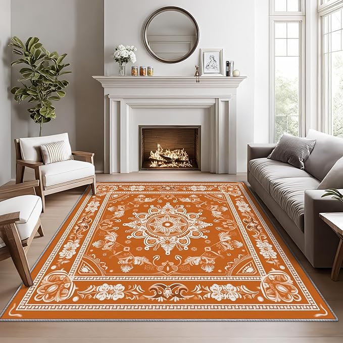 Mandala Rugs for Living Room - 5x7 Area Rugs, Vintage Floral Rug, Orange Mandala Rug for Living Room, Boho Medallion Washable Bedroom Carpet, Meditation Boho Ethnic Home Decor & Gifts