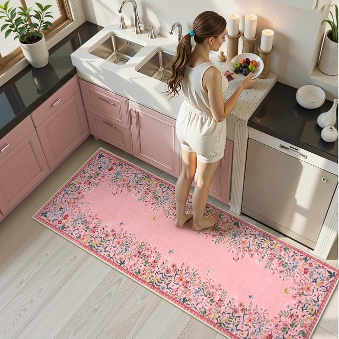 Wonnitar 2x6 Runner Rug for Hallways, Pink Floral Bathroom Rugs Non Slip Washable, Low Pile Soft Botanical Runner for Girls Bedroom Laundry Room Bedside (Pink,2'x6')