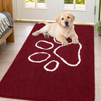 Smiry Dog Door Mat for Muddy Paws, Absorbent Dirt Trapper Non Slip Quick Dry Washable Chenille Mat for Mud Dogs, Entry Rug for Indoor and Outdoor (47x32 Inches, Burgundy and White)