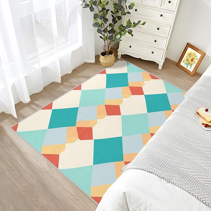Geometric Large Area Rug - 7x10 Rug - Colorful Retro Mid Century Modern Rugs for Living Room Non Slip Low Pile Machine Washable Area Rugs, Geometric Carpets Home Decor & Gifts