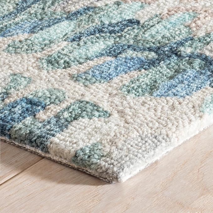 Dash & Albert Paint Chip Stone Hand Micro Hooked Wool Rug, 7.5 X 9.5 Feet, Blue/Green Geometric Pattern