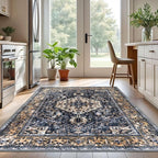 KOZYFLY Boho Area Rug 5x7 Ft Thin Rugs for Living Room Washable Bedroom Rug Non Slip Rugs Gold Navy Printed Faux Wool Vintage Bedroom Rug Floor Carpet for Dining Room Living Room