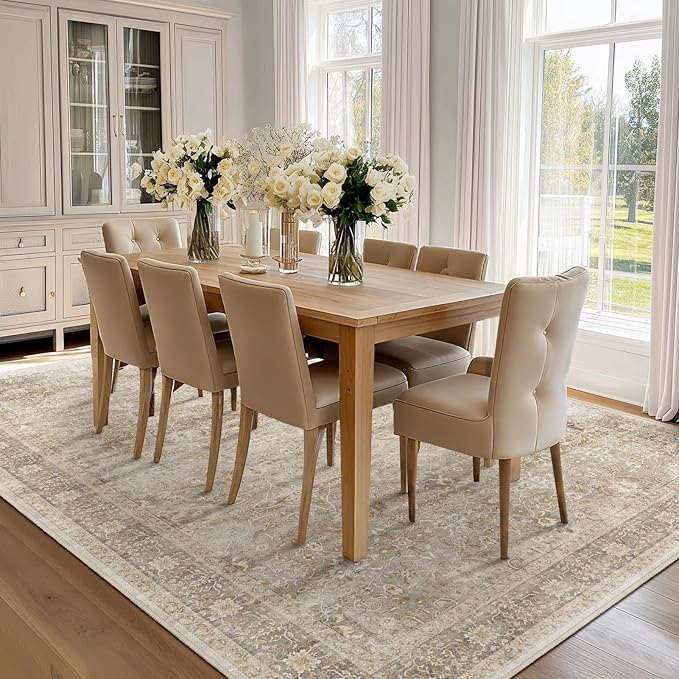 Vintage Beige 8x10 Area Rugs for Living Room, Retro Neutral Earth Tone Carpet Rug for Bedroom Dining Room, Low Pile Thin Washable Non Slip Room Rug for Home Office Playroom Family Room