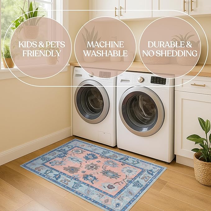 Fame Living Modern Oushak Rug, Small Rugs, Vintage, Turkish, Eclectic, Floral, Pastel, Washable, Door mat, Doormat for Indoor Entrance, Entryway, Kitchen, Bathroom, Bedroom, Laundry, 2'x3'