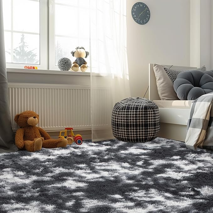 Andency 6x9 Area Rugs, Large Shag Fluffy Soft Shaggy Rugs for Living Room Bedroom, Non-Slip Tie-Dyed White Black Thick Plush Carpet for Kids Girls and Boys, Dorm Nursery Home Decor Aesthetic