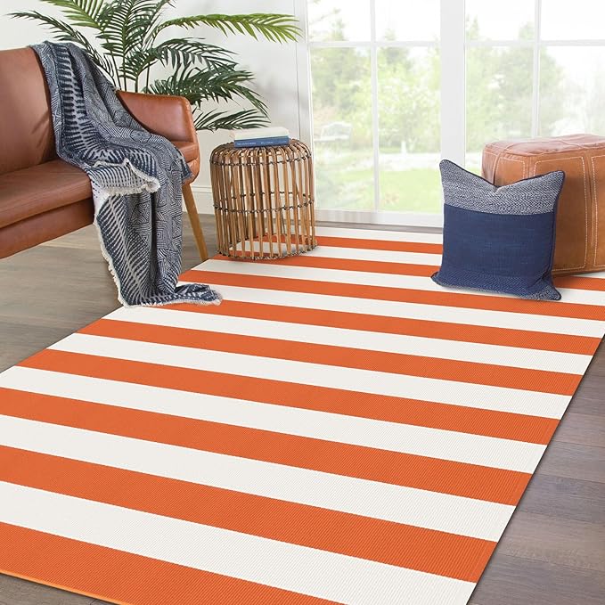 KOZYFLY Striped Outdoor Rug 4x6 Ft Orange and White Halloween Fall Hand Woven Area Rug Washable Outdoor Doormats Indoor Entrance Mat for Front Door Kitchen Entryway Patio Front Porch Decor