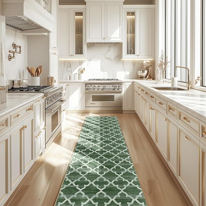 Area Rug 2x8, Moroccan Trellis Print Carpet, Machine Washable Non-Slip Rugs for Living Room, Bedroom, Dining Room & Entryway, Green