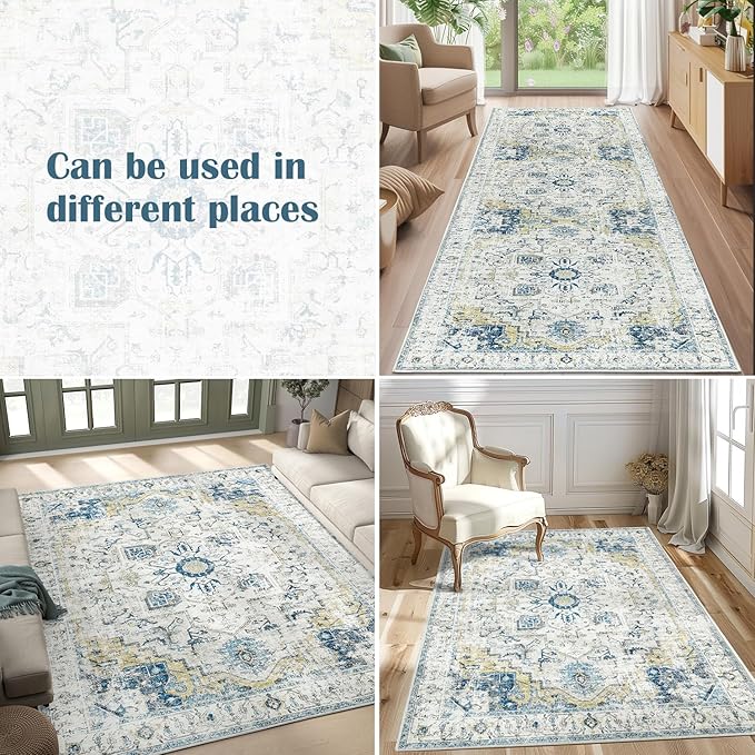 jinchan Area Rug 8x10 Washable Living Room Rug Vintage Indoor Large Floor Cover Distressed Lightweight Non-Slip Low Pile Thin Mat Stain Resistant Carpet for Bedroom Dining Room Office Light Blue