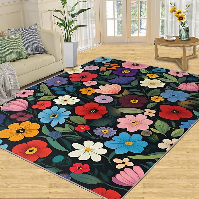 Boho Flowers Rugs for Bedroom - 5x8 Area Rug - Cartoon Flowers Rugs for Living Room, Abstract 3D Floral Rug, Non-Slip Washable Home Decor Carpet