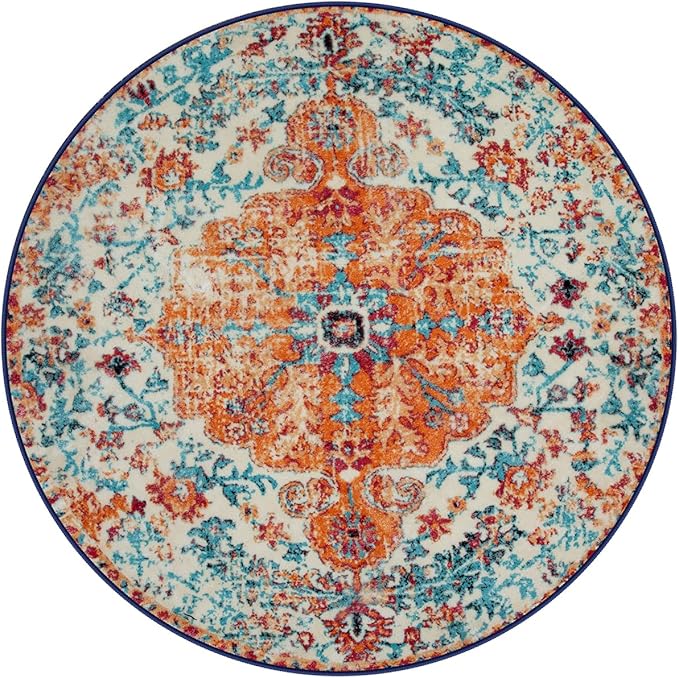 Lahome Washable Round Rugs 5'3"ft, Bohemian Orange Circle Rugs for Living Room, Entryway Round Area Rug, Floral Medallion Soft Non Slip Nursery Carpet for Bedroom Dining Coffee Table