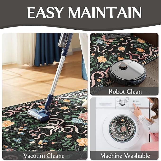 Black Rug Bow Floral Rug for Girls, 5x7 Washable Area Rugs for Bedroom Living Room, Kitchen,Dining Room,Kids Room,Playroom, Cute Ultra-Thin Non Slip Low Pile Indoor Carpet