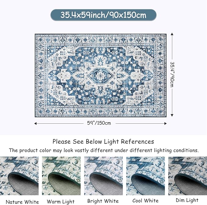 Moynesa Ultra-Thin Vintage 8x10 Area Rugs - Blue Bedroom Rugs for Living Room Non-Slip Stain Resistant, Printed Oriental Playroom Mat Indoor Floor Carpet for Dining Table Office Decor