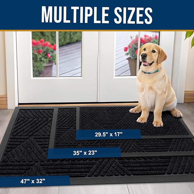 Kitinjoy Front Door Mat Outside Entrance, Sturdy Natural Dirt Trapper, Heavy Duty Rubber Doormat, Low Profile Non-Slip Backing, Easy Clean Floor Mat for Indoor Outdoor Entry, 47X32 Inch, Black
